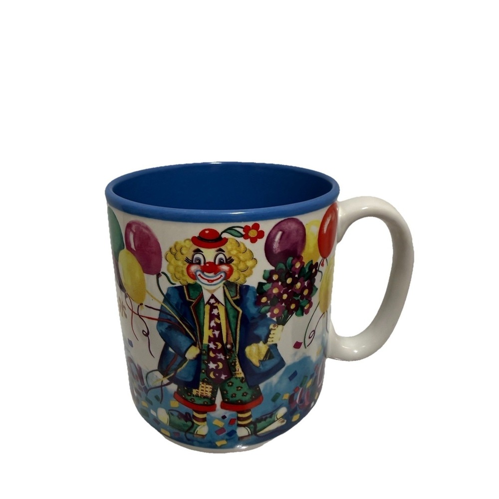 Vintage 1996 New Looks Clown Mug #689800 Balloons Flowers Korea Coffee Cup